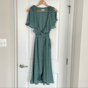 Eva Mendes Green Polka Dot Midi Faux-Wrap Dress